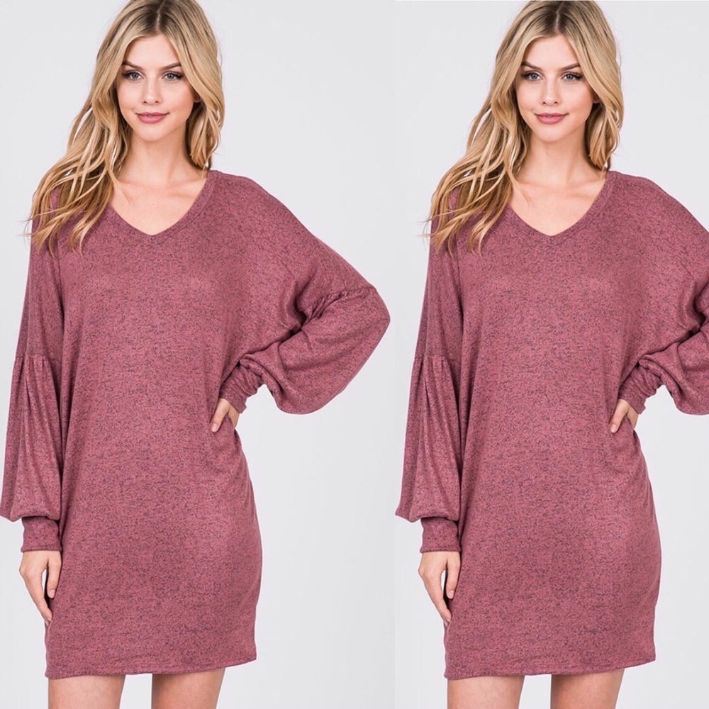 New Mauve Bubble Sleeve V-Neck Sweater Dress